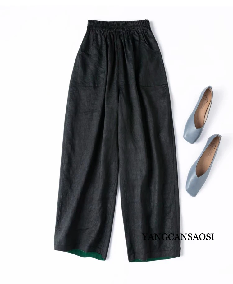 Double Sided Forest Green 100%Natural Mulberry Silk Turtle Crack Fragrant Cloud Yarn Retro Artistic Elastic Waist Wide Leg Pants