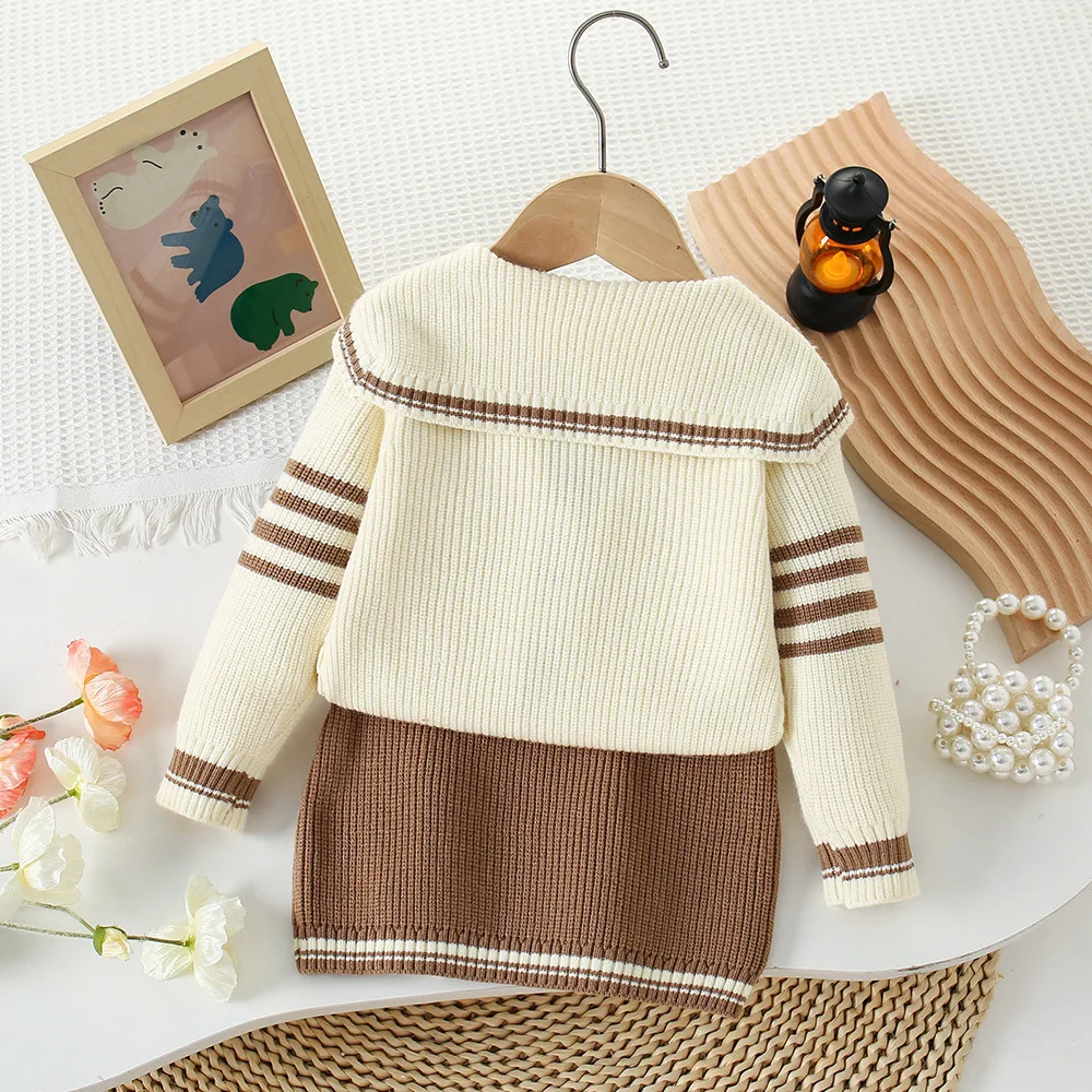 Bear Leader Girls Clothes Flip Collar Knitted Cardigan+Skirt 2-piece Sets Winter College Style Color Blocking Children's Suit