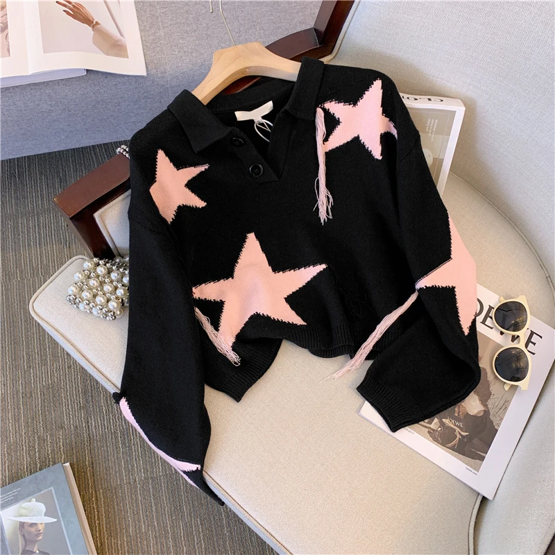 Женский черный вязаный пуловер в готическом стиле, укороченный свитер Harajuku Y2k, свитера с длинными рукавами и круглым вырезом со звездным узором, винтажная эмо-одежда 2000-х годов