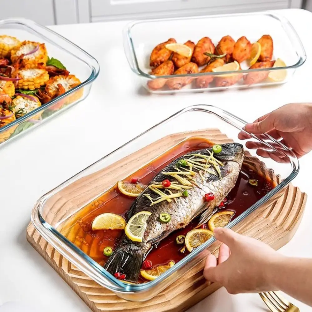 

Rectangular Glass Baking Dish High Temperature Resistant Thickened Lasagna Baking Tray with Lid Food Keep Fresh Box Oven
