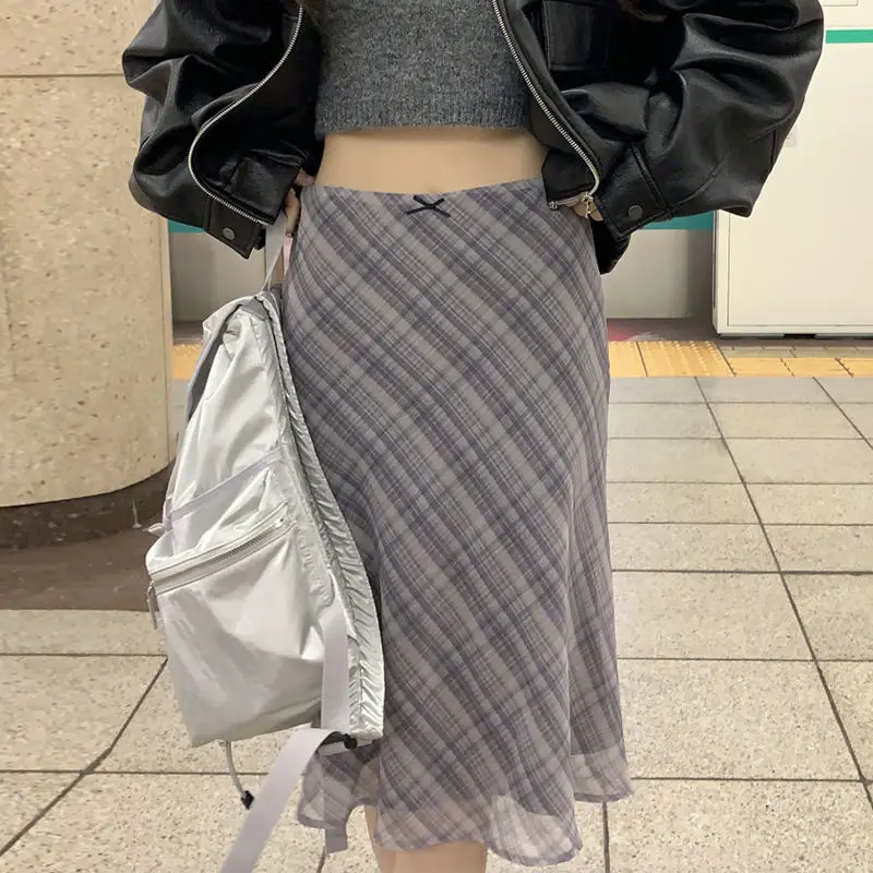 Tonngirls Y2k Vintage Plaid Skirt Women A-line Knee-length Summer 2000s Korean Fashion Harajuku Bottom Ladies Skirts Fairycore