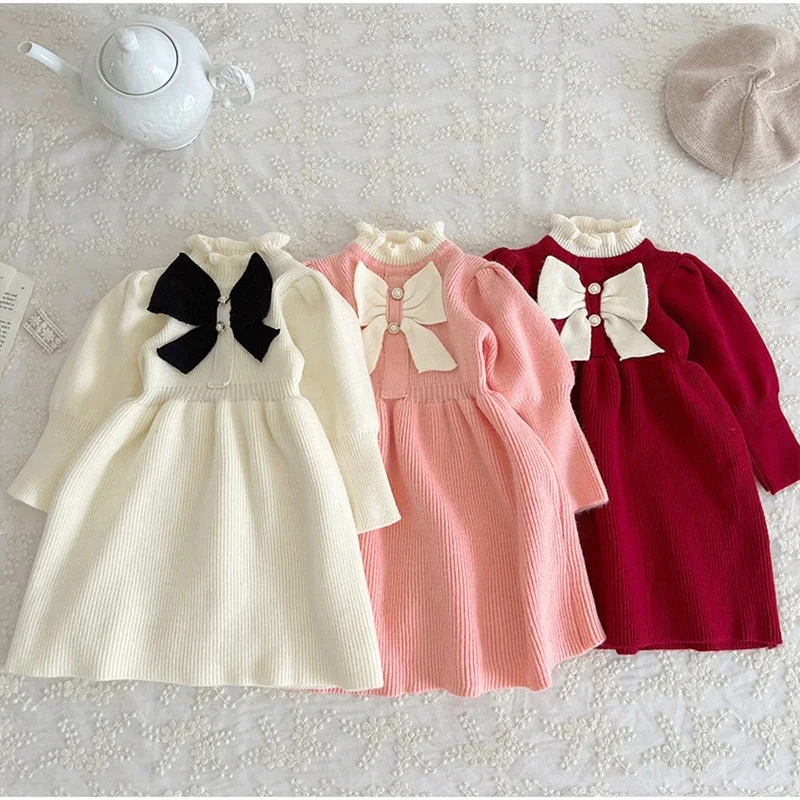 الخريف الفتيات الطفل كشكش محبوك الأميرة سترة فستان عيد الميلاد القوس فستان أحمر الفتيات الحياكة فستان بكم طويل ملابس كاجوال #1