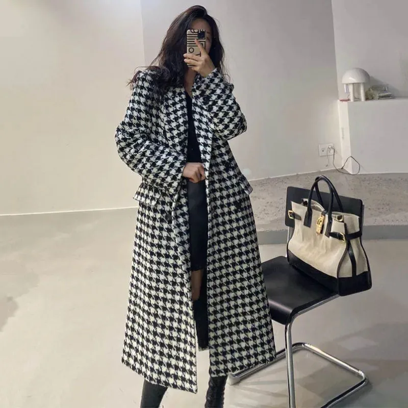 Fashion Houndstooth Faux Wool Jacket Women Autumn Korean Elegant Single Breasted Long Overcoat Winter Thick Warm Blend Outwear