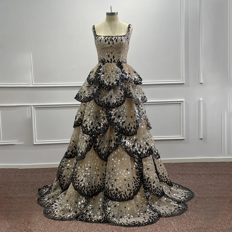 Robe de soirée noire à volants à plusieurs niveaux pour femmes, robe de Rhde Dubaï Arbic, paillettes élégantes, longue robe formelle de fête de mariage, photo réelle