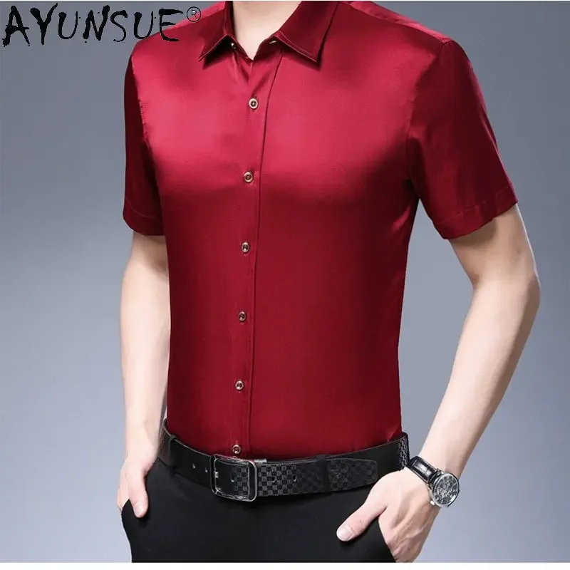 

New Short Sleeved 92% Mulberry Real Silk Shirt for Men Satin Shirt Summer Thin Men's Clothing Loose Casual Tops Men Ropa Hombre