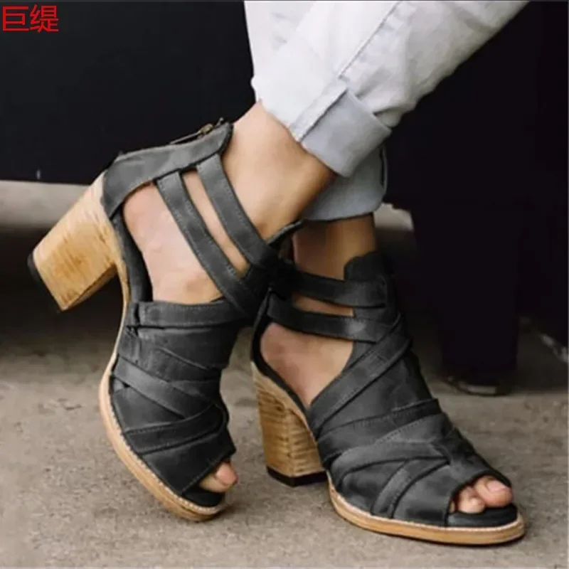 women sandals PU Buckle Strap 5CM Thick heel High heels Peep Toe Cutout Shallow women shoes sandalias mujer 2020 size 35-42