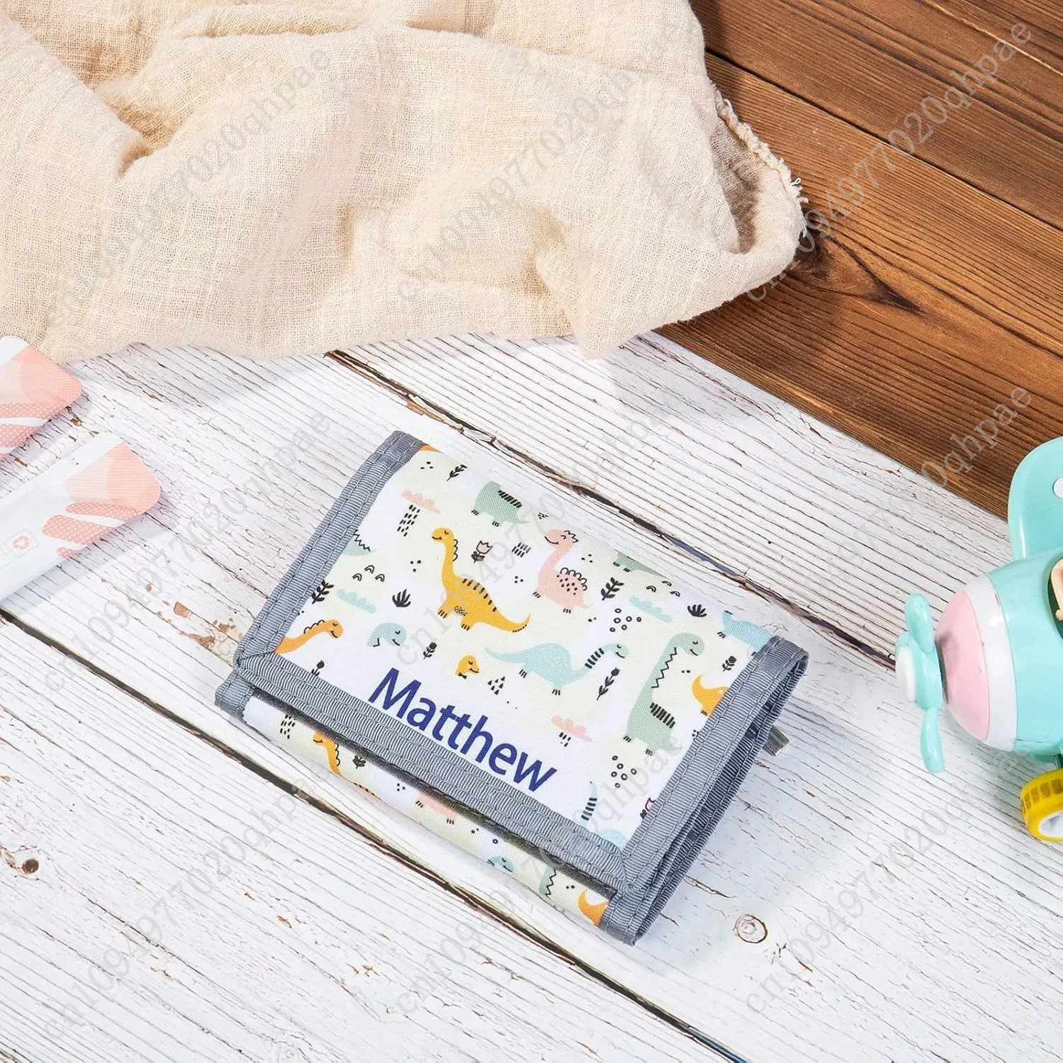Nobelook Personalized Kids Wallet Custom Engraved Name Trifold Canvas Dinosaur Animal Cartoon Wallet with Zipper for Boys and Gi