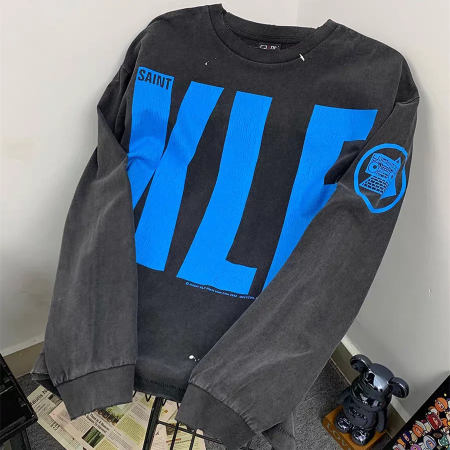 

Футболки с длинными рукавами и принтом Saint 25SS KLF для мужчин и женщин из тяжелой ткани, футболки унисекс, винтажная футболка