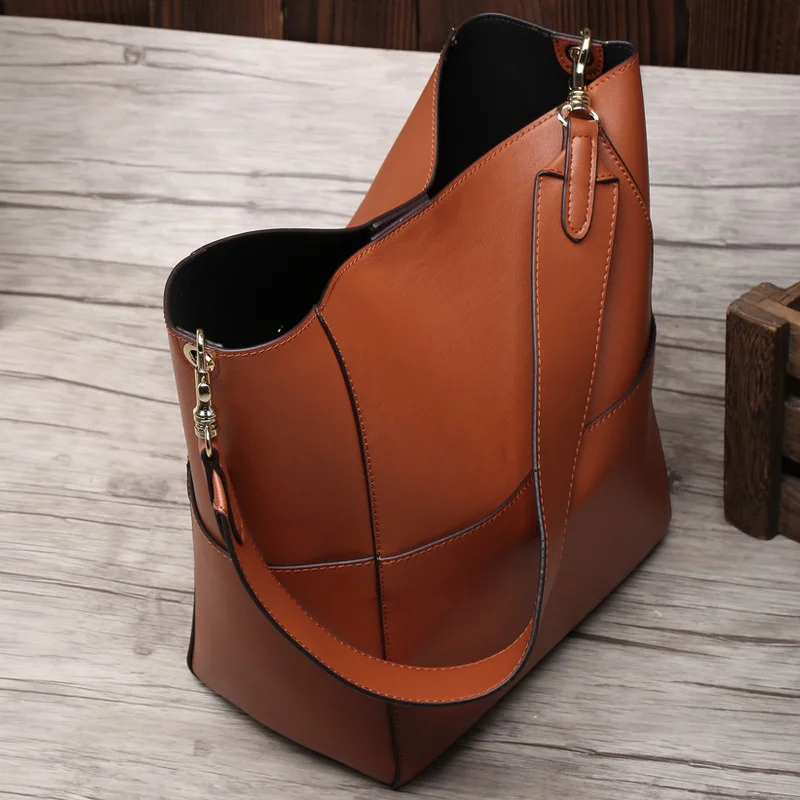 2024 Women Real Genuine Leather Tote Bag Black Bucket Handbags Female Luxury Famous Brands Ladies Shoulder Brown Bag Designer