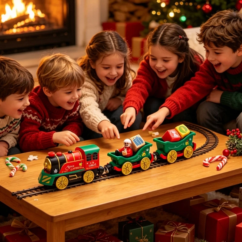 Holiday Train Toy for Indoor Christmas Play, Motorized Electric Train with Front Lamp, Plastic Toy Set for Kids, Party A2UB