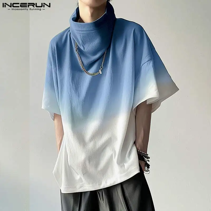 INCERUN Tops 2024 Korean Style Men\'s Gradient Color High Neck Design T-shirts Casual Streetwear Loose Half Sleeve Camiseta S-5XL