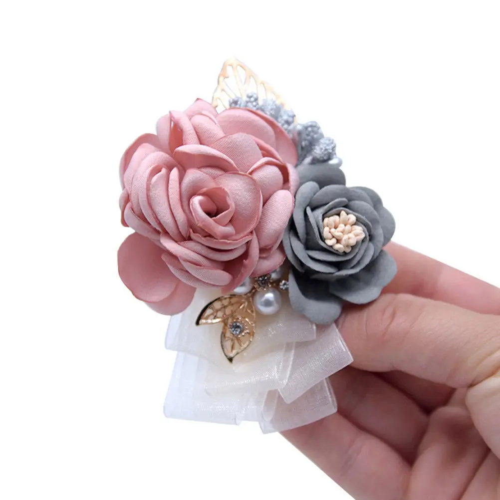 Open Artificial Flower Wrist Flower Pearl Wristband Rhinestone Ribbon Wedding Prom Dance Party Bridal Wrist Flowers - view 6