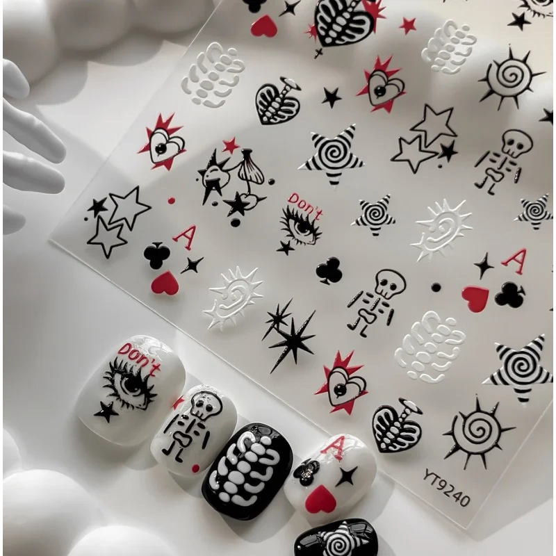 Halloween Nail Stickers Skeleton Spiral Sun Starburst Gothic Poker Suits Eye Love Heart Teeth Ear Adhesive Nail Art Sticker 5D