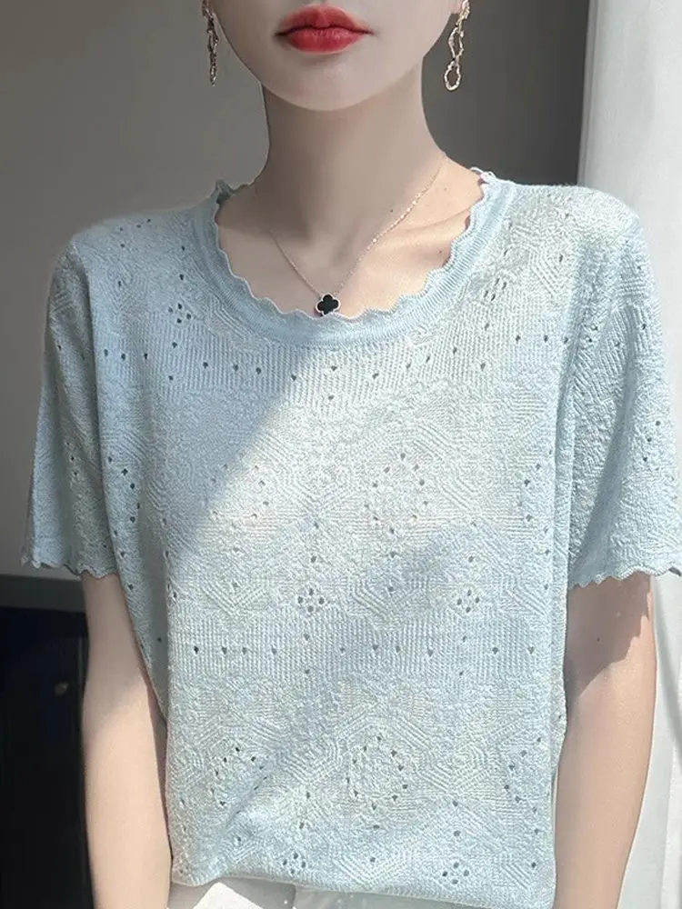 Top de punto con orejas de madera de encaje blanco dulce, camiseta fina ahuecada suave, Top informal de primavera para mujer