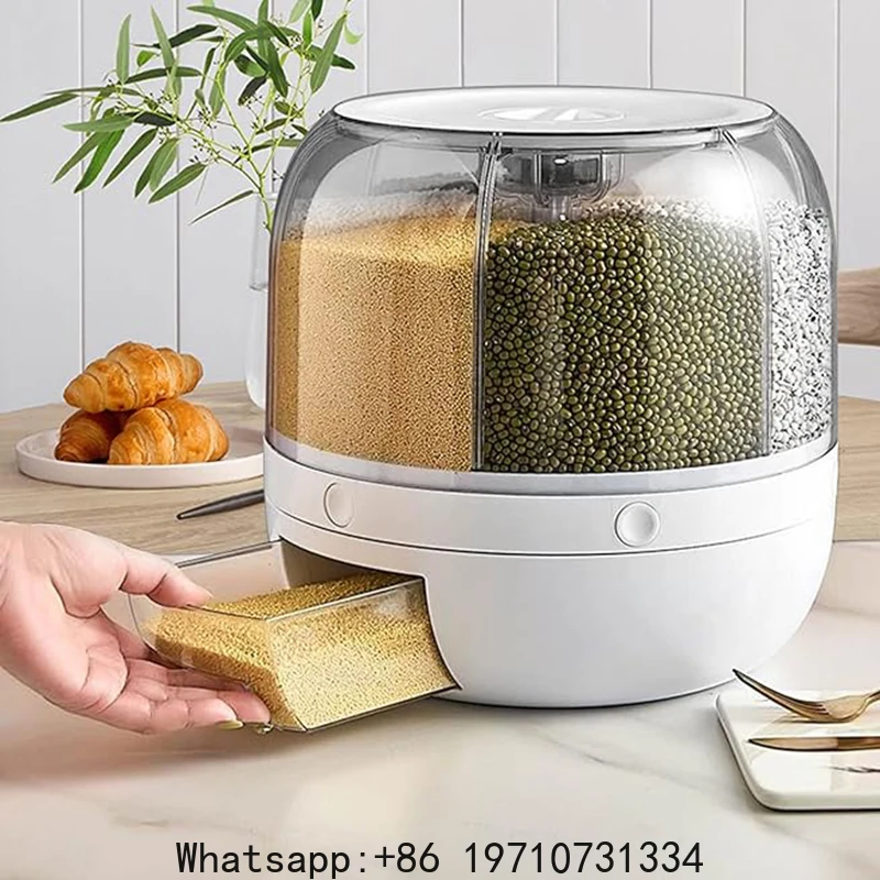 360° rotating 6-grid grain dispenser, one-touch output storage container for rice grain sealing and moisture-proof organizer