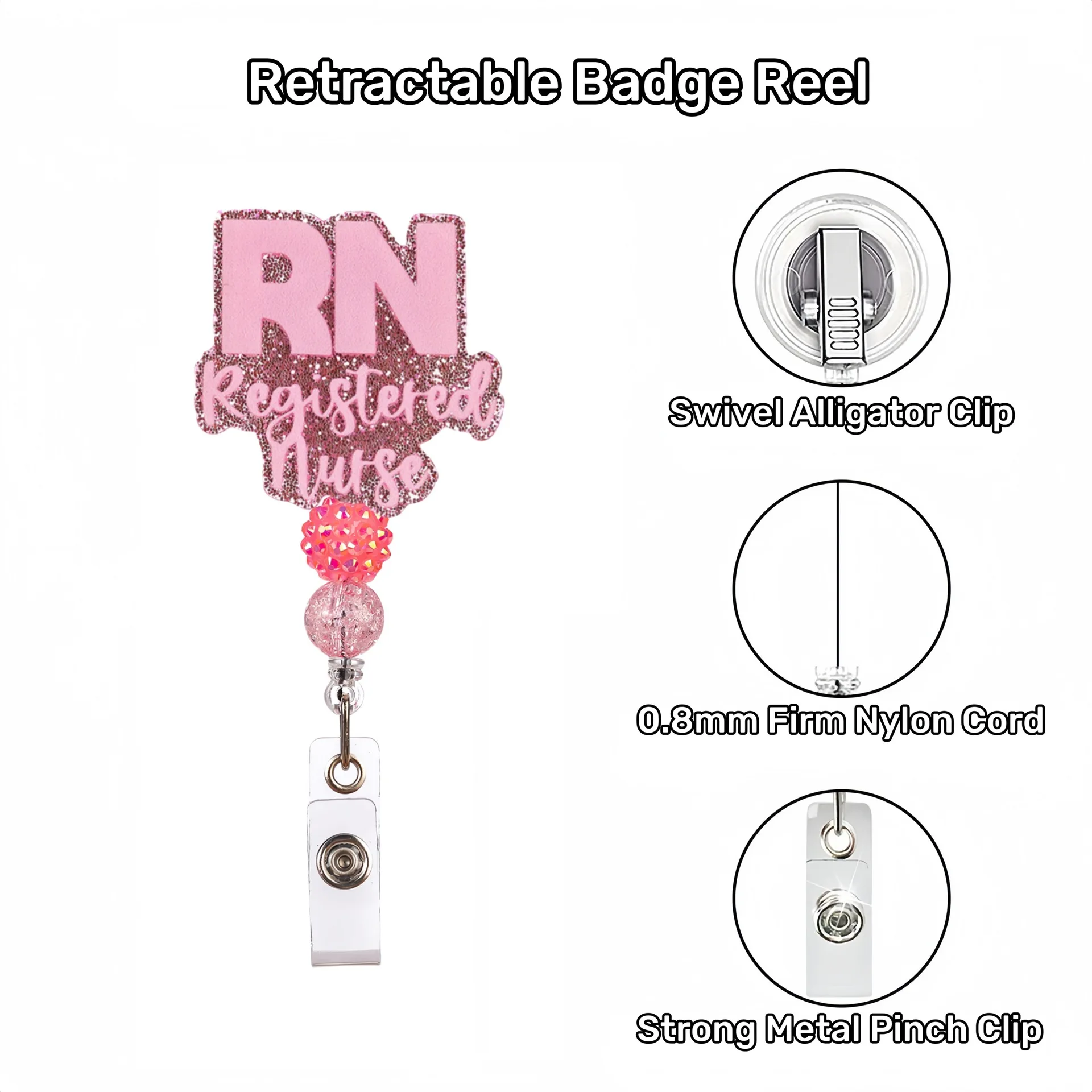 2026 New Arrival 1 Piece Shiny Acrylic Pink Beaded Retractable Nurse Badge Reel Anime Doctor ID Card Holder Alligator Clip