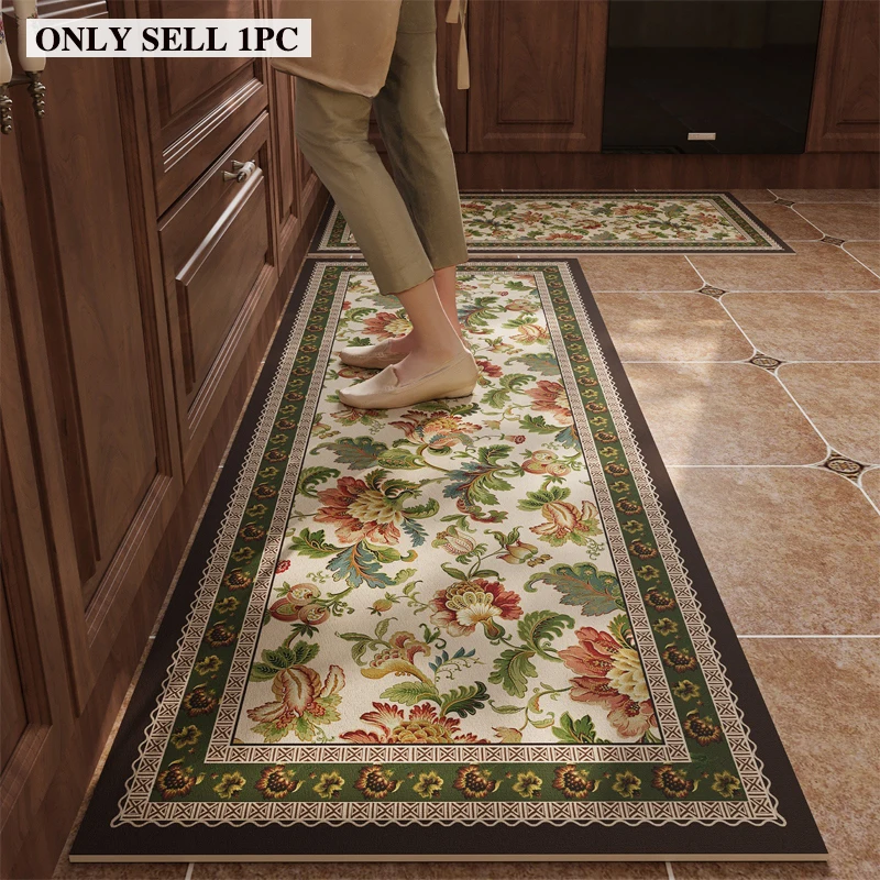 

Kitchen Rug Waterproof PVC Oil-proof Non-slip Leather Floor Mat Retro Floral Long Carpet American Style Home Decoration Carpets