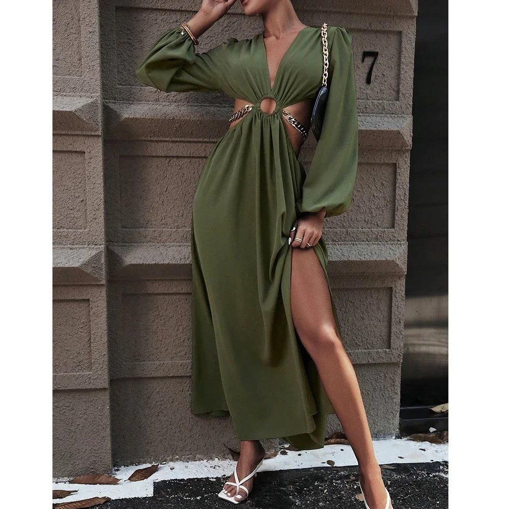 Women's Sexy Solid Color Long Sleeve Deep V-Neck Maxi Party Dress Autumn 2025 Waist Cutout Chain Detail High Slit