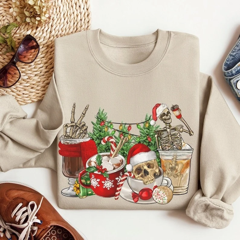 

Скелет, подарок для любителя кофе, забавный свитер, праздничный свитшот с круглым вырезом, саркастическая рождественская латте, осенне-зимняя спортивная одежда