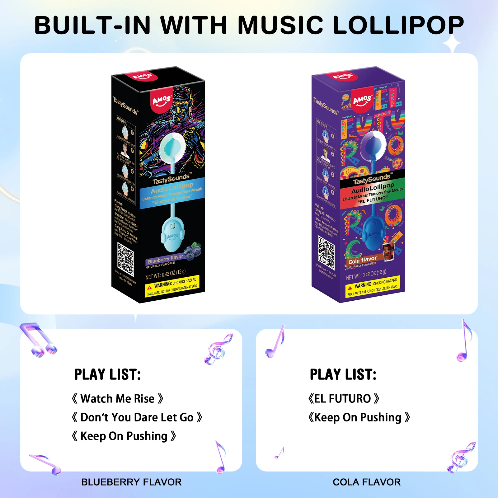 Permen Musik Bone Conduction Amos TastySounds Audio Singing Smart Lollipop Hadiah Rasa Blueberry&Cola