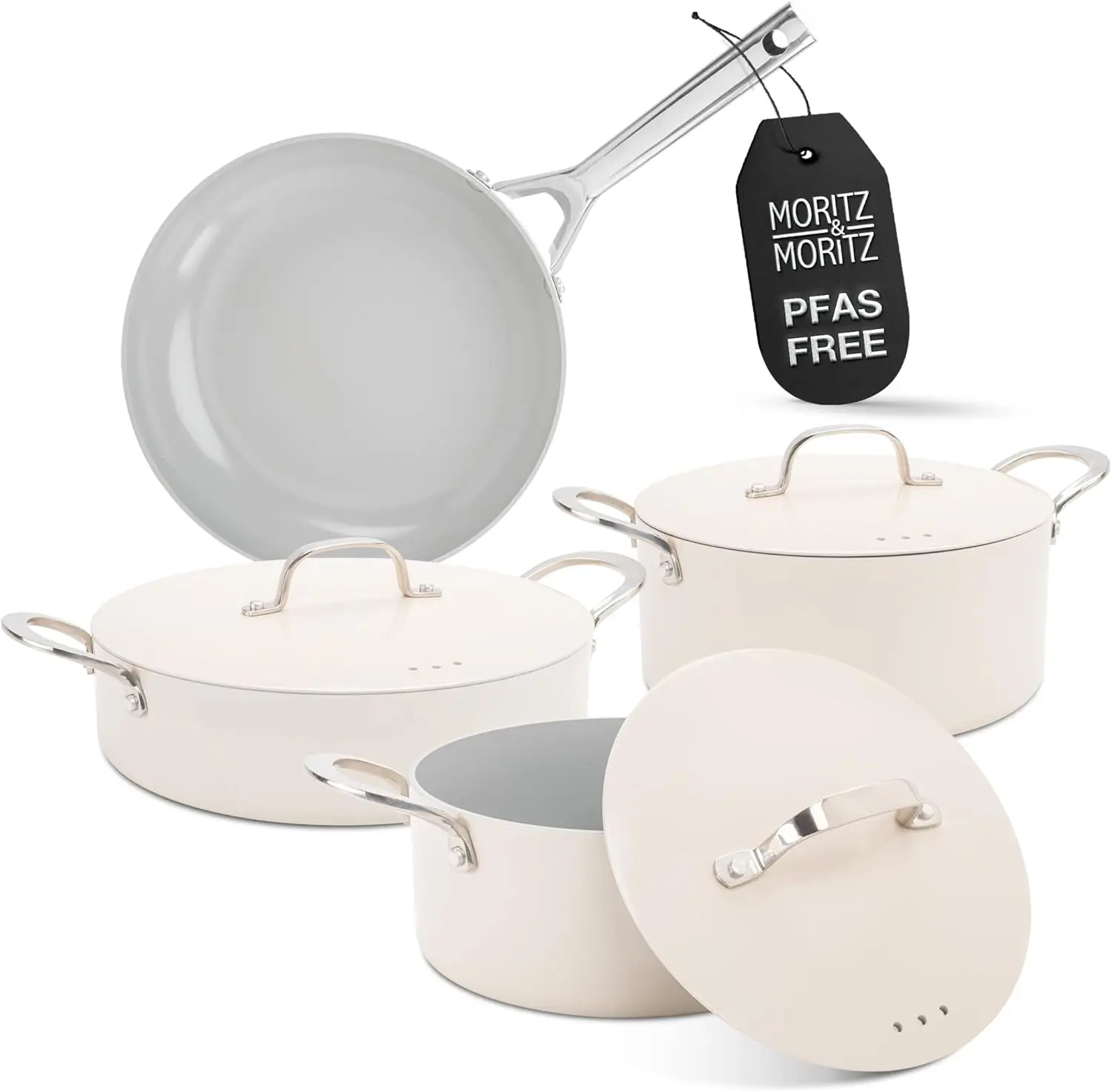 Moritz & Moritz 7-Piece Cast Aluminum Pot And Pan Set Cream With Lids, 2X Pots With Lids, 1X Serving Pan With Lid, And 1X