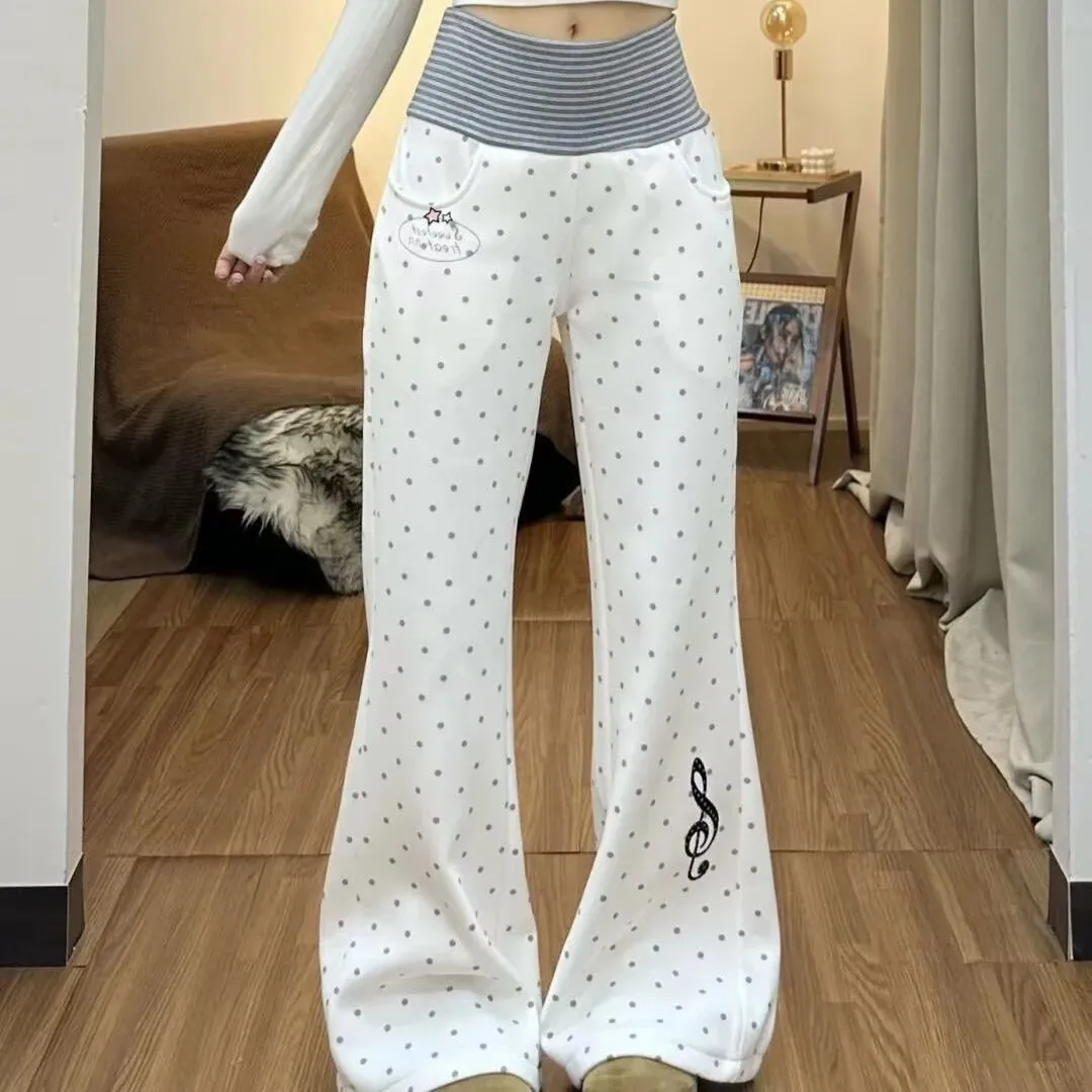 Harajuku Lolita White Polka Dot Slim Trousers Women Hot Girl Striped Thin Straight Leg Y2k Pants Japanese Patchwork Mopping Pant