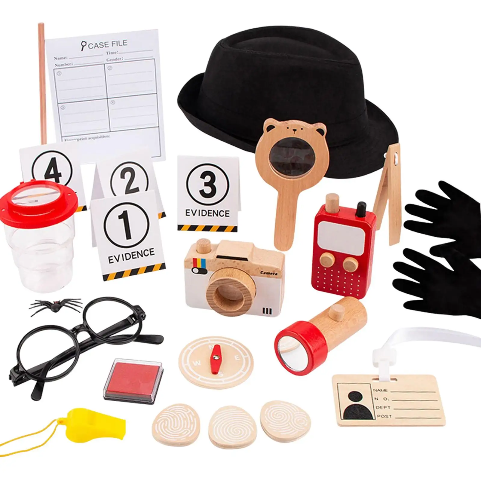 Wooden Detective Accessories for Kids Pretend Play Costume STEM Science Magnifying Glass Notebook Camera Hat for Cosplay Photo