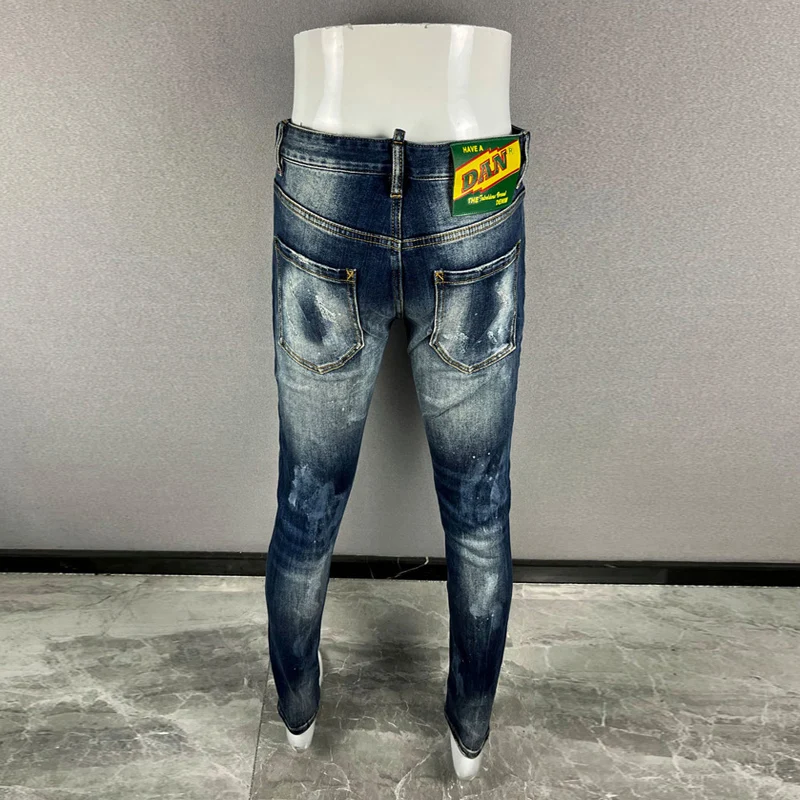 High Street Fashion Men\'s Jeans Retro Blue Elastic Slimming Ripple Painted Jeans Men\'s Splicing Designer Hip Hop Brand Pants Hom