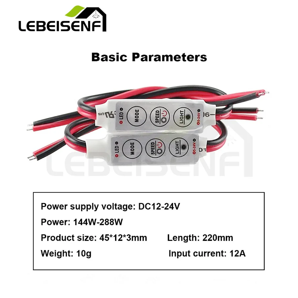 Thick Wire 3-Key LED Dimmer Controller for 5050 Single-Color LED Strip - Strobe Breathing Dynamic Lighting Modes
