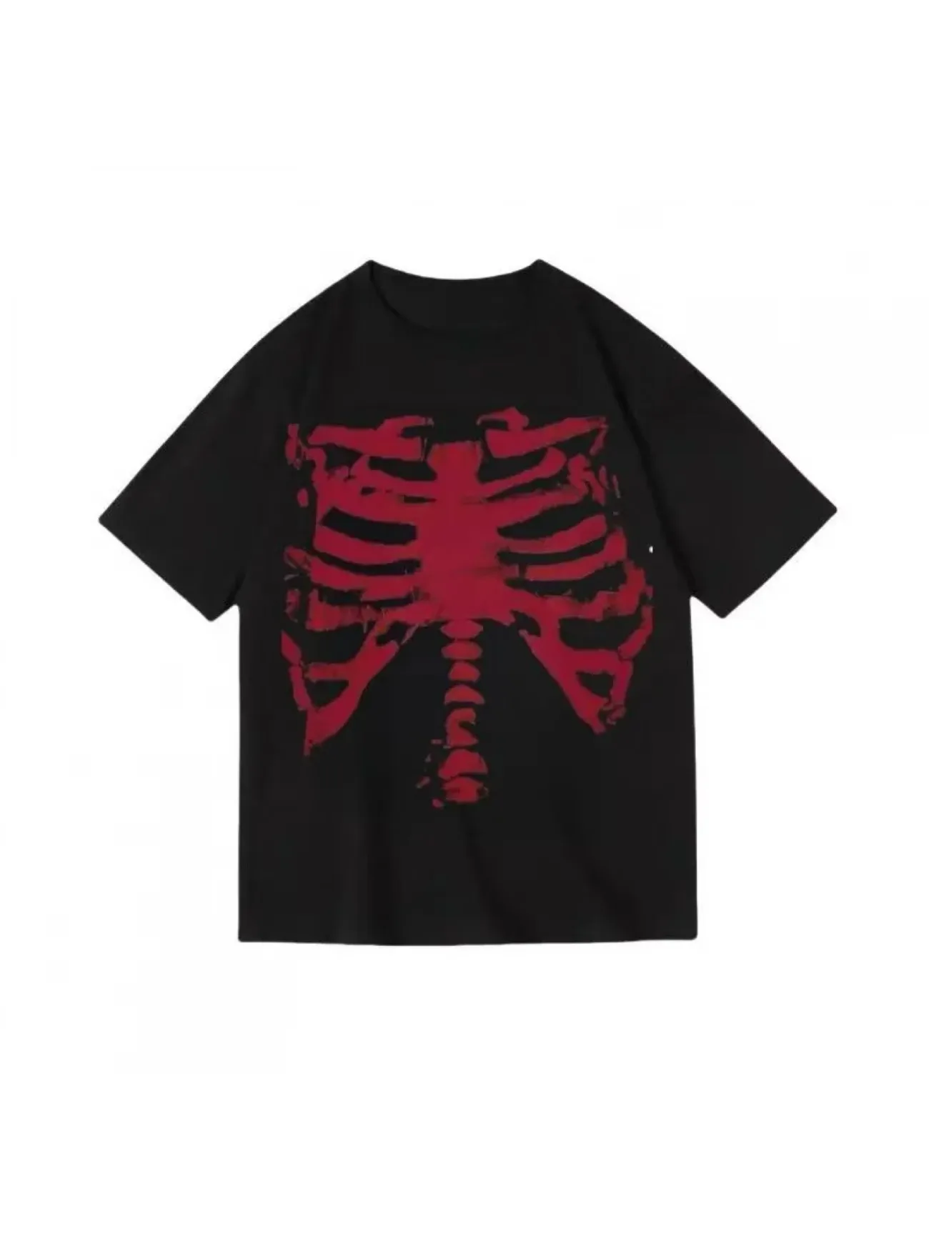Skeleton Skull Print Graphic Tee Summer High Street Print Black Dark Style Y2K Short Sleeve Vintage T-Shirt Men's Women Tops
