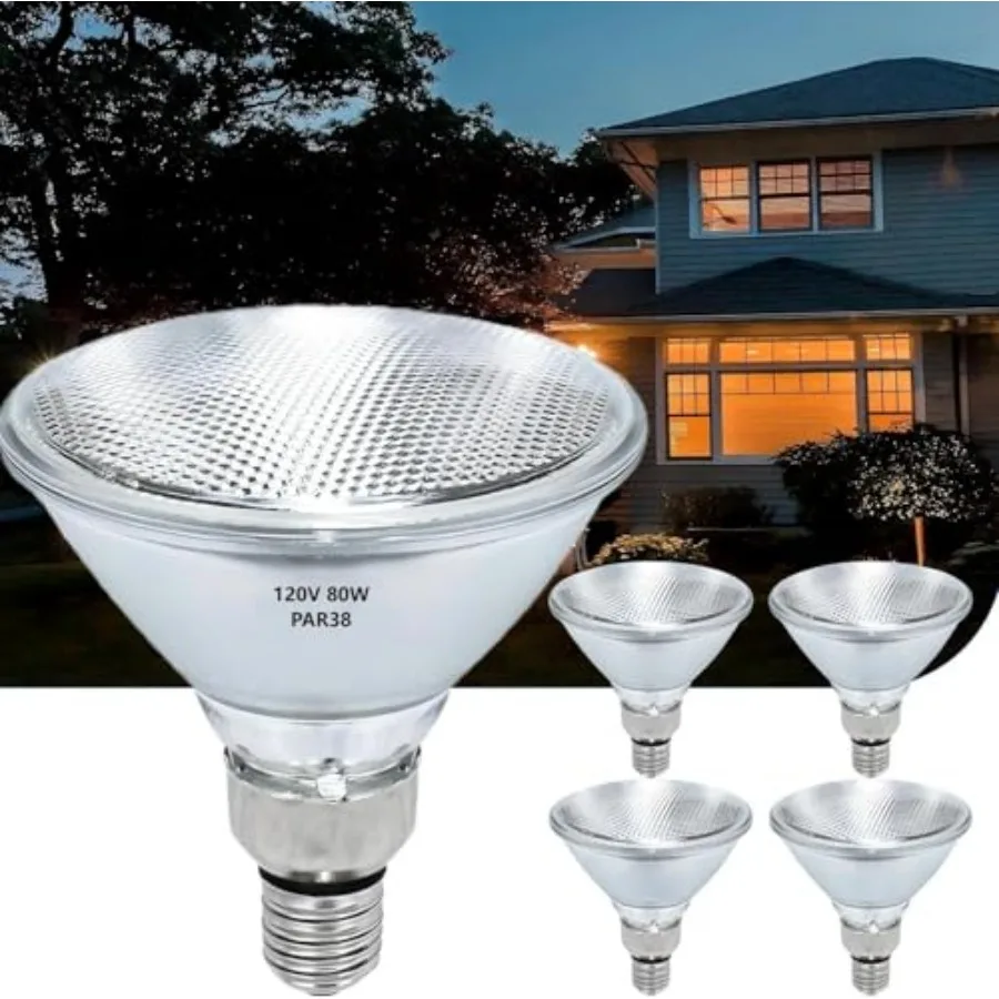 PAR38 Halogen Flood Light Bulbs 4 Pcs, 80W Equivalent, 120V, E26 Base, 2700K Warm White Light for Indoor and Outdoor