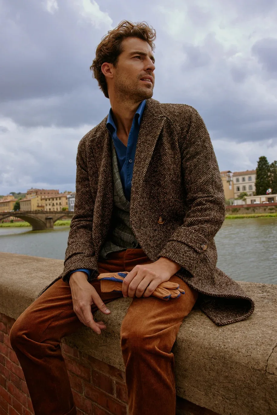 Vintage Men's Windproof Warm Coat Herringbone Single Breast Shawel Lapel Autumn Winter OverCoat Tailored Customized