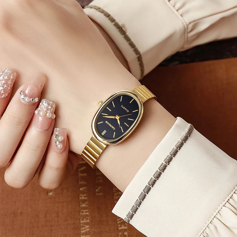 Relógio de quartzo feminino com mostrador pequeno oval, aço inoxidável, moda casual, relógios para meninas, estudantes, presentes de feriado de natal para mulheres