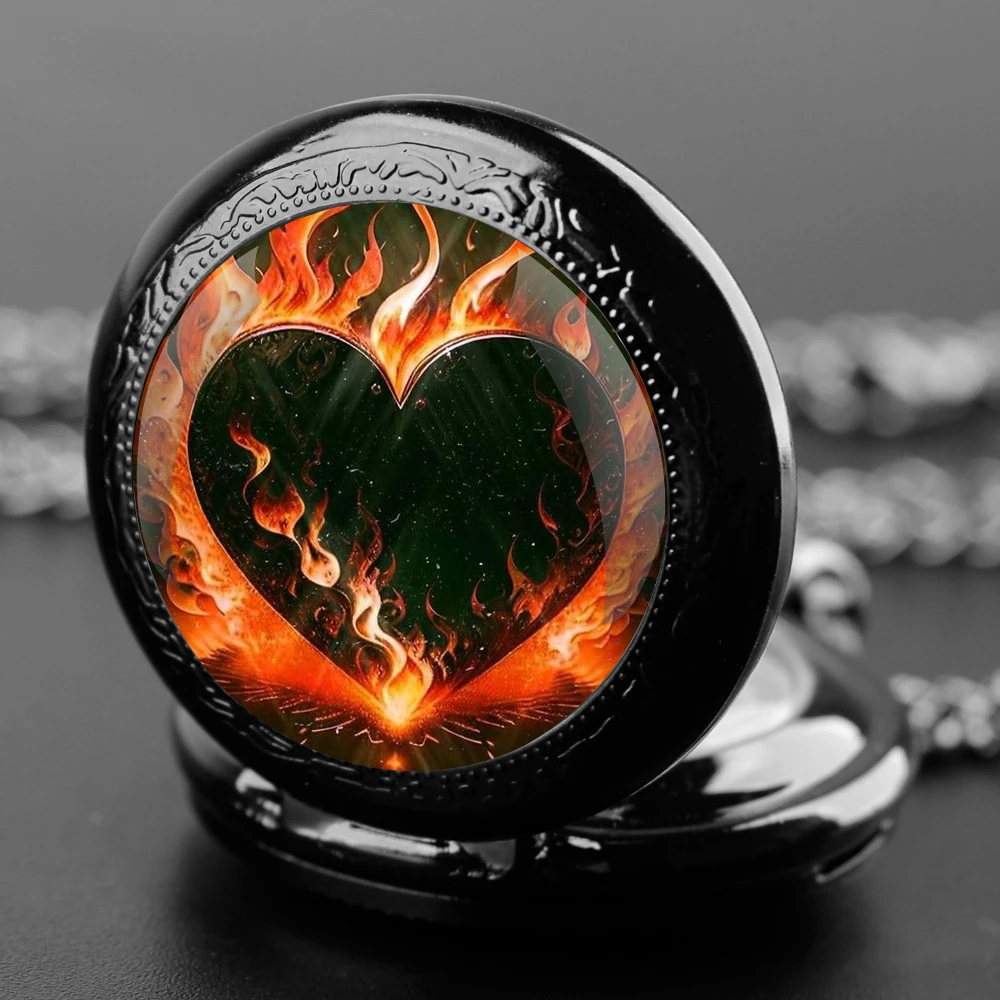 Love Flame Design Glass Dome orologio da tasca al quarzo con catena durevole quadrante con numeri arabi per regali creativi per uomini e donne