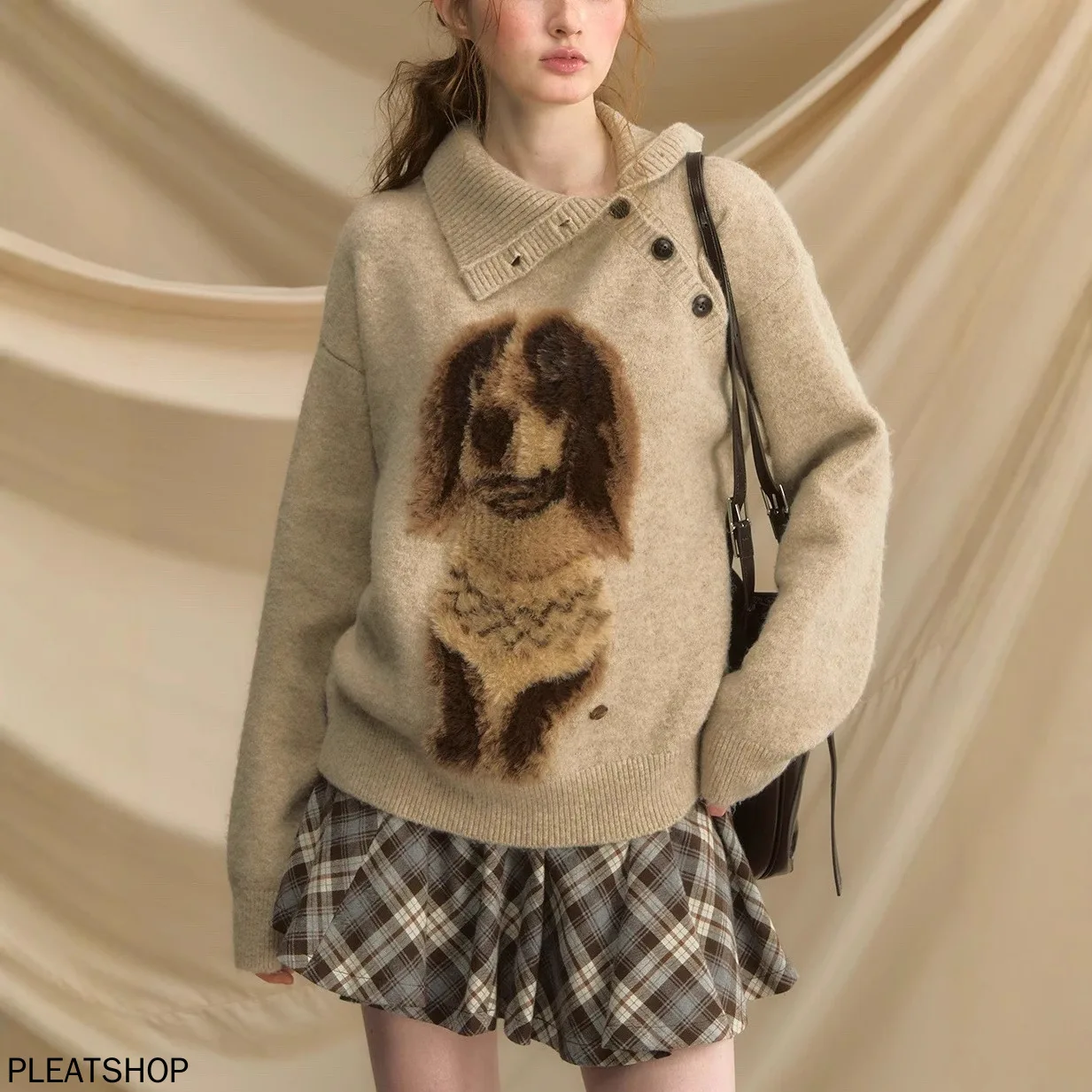 

Женский осенний пуловер-свитер с мини-колбасной собакой и принтом в стиле ретро, большой вязаный кардиган в непринужденном ленивом стиле