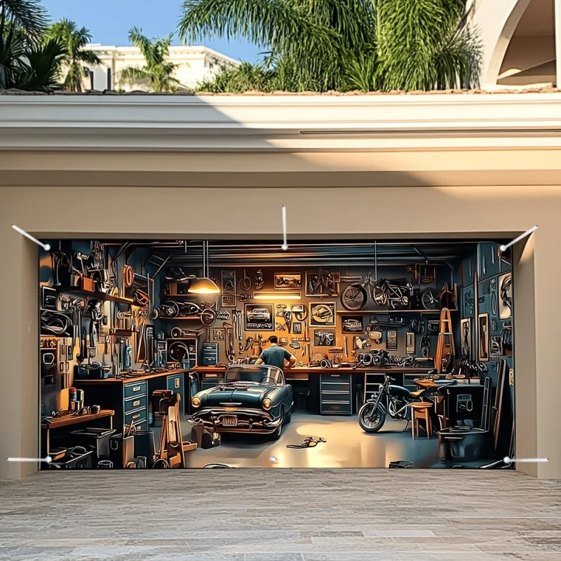 1 Vintage Garage Art Garagentor Stoffdekoration – klassische Auto- und Motorradszenen