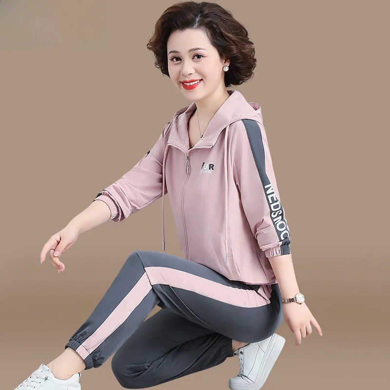 

Faionable Autumn Outerwear Set for Women Casual Spor Sle Mid-aged And ly Zipper Closure Long Pants Two-piece Suit