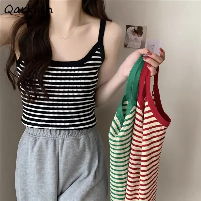 Striped Camis Women Tops 5 Colors Knitted Vintage Backless Ulzzang Chic All-match Summer Fashion Soft Harajuku Simple Classic