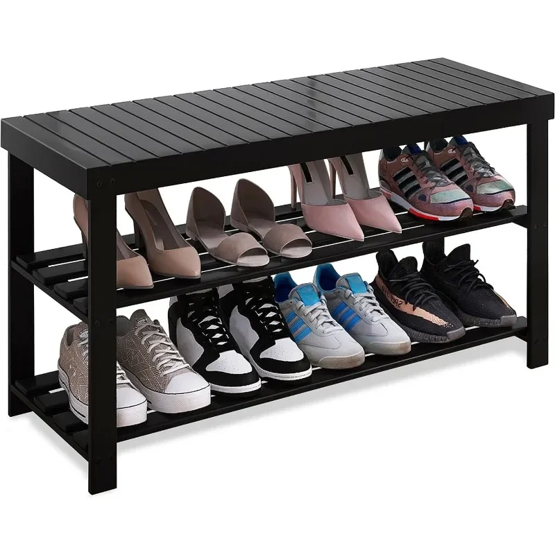 

Bamboo Shoe Rack Bench, 3-Tier Shoe Organizer Storage Shelf for Entryway Hallway Bathroom Living Room