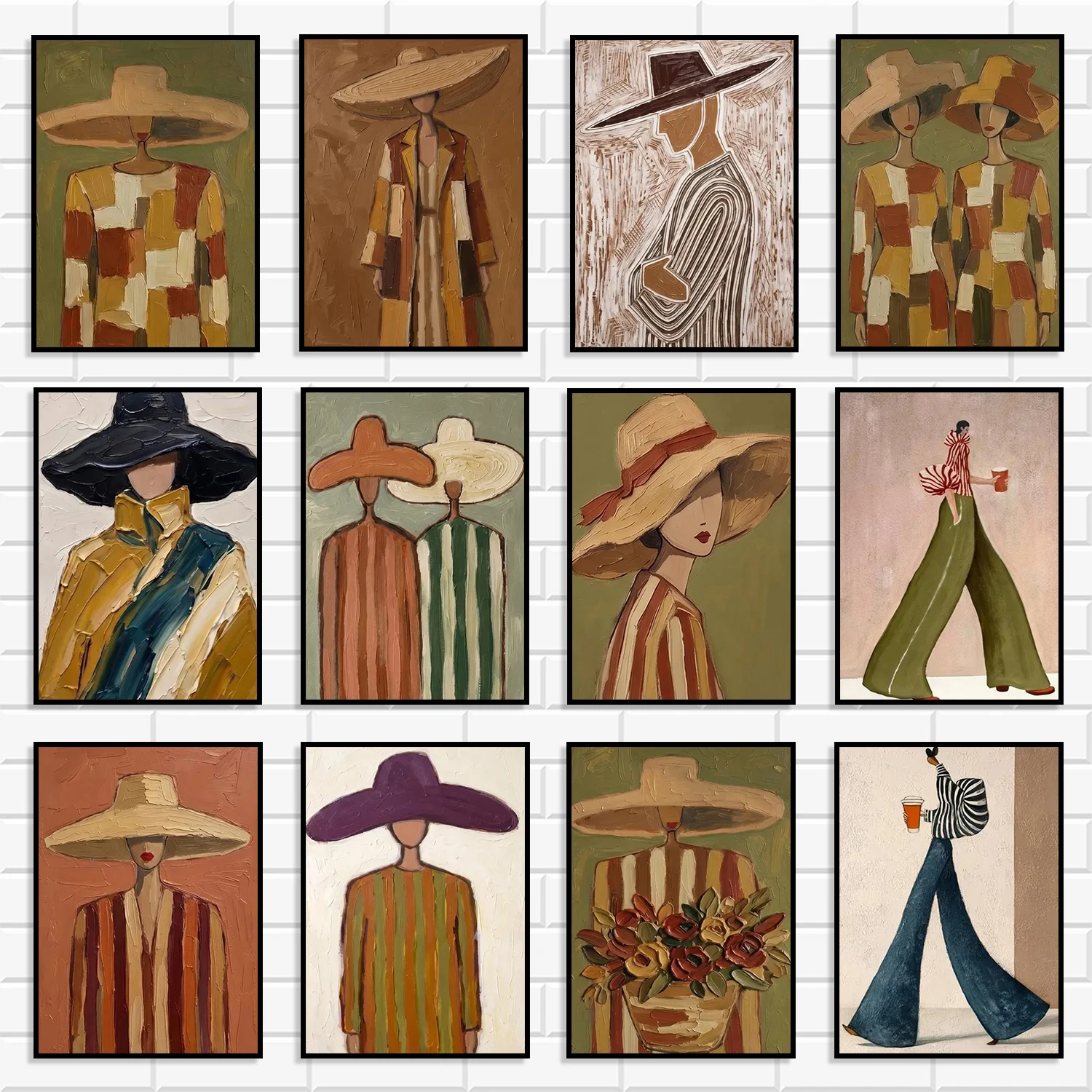 Modern Minimalist Fashion Art Print Collection Abstract Woman with Wide Brim Hat Canvas Posters Neutral Boho Home Wall Decor