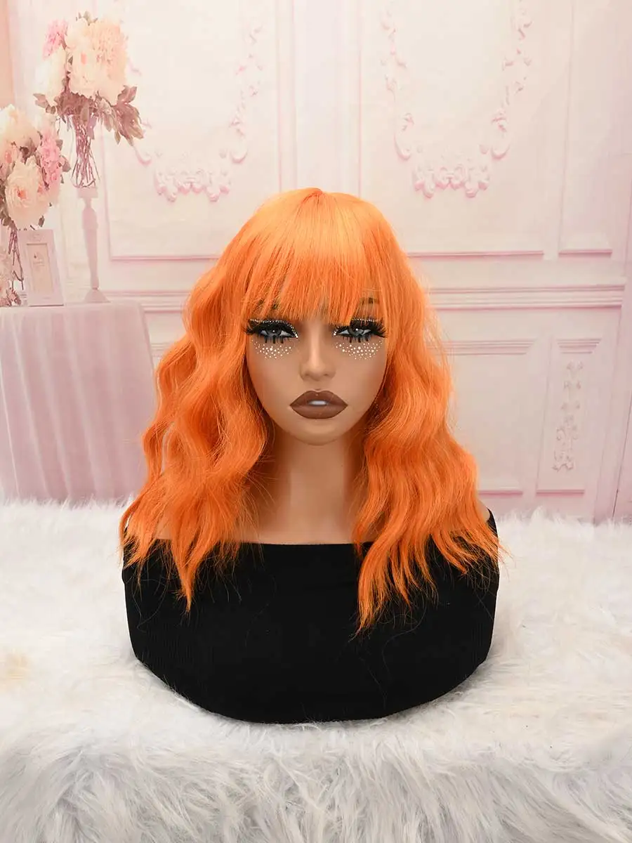 Bright Orange Water Wave Wig Air Bang Medium Length Heat Resistant Synthetic Women Party Cosplay Wig