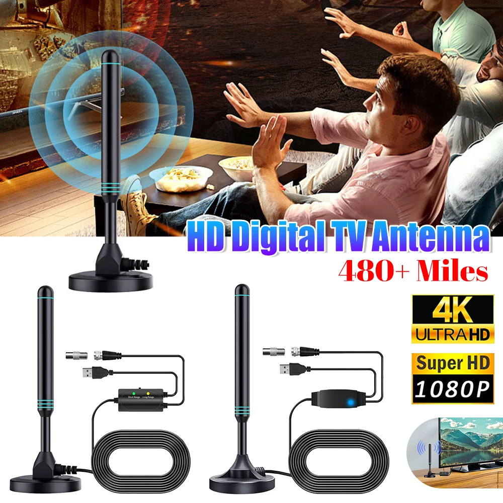 هوائي تلفزيون رقمي عالي الدقة 4K/1080P مع مضخم صوت أحادي 480+ ميل هوائي داخلي وخارجي قاعدة مغناطيسية VHF UHF رقمي عالي الدقة
