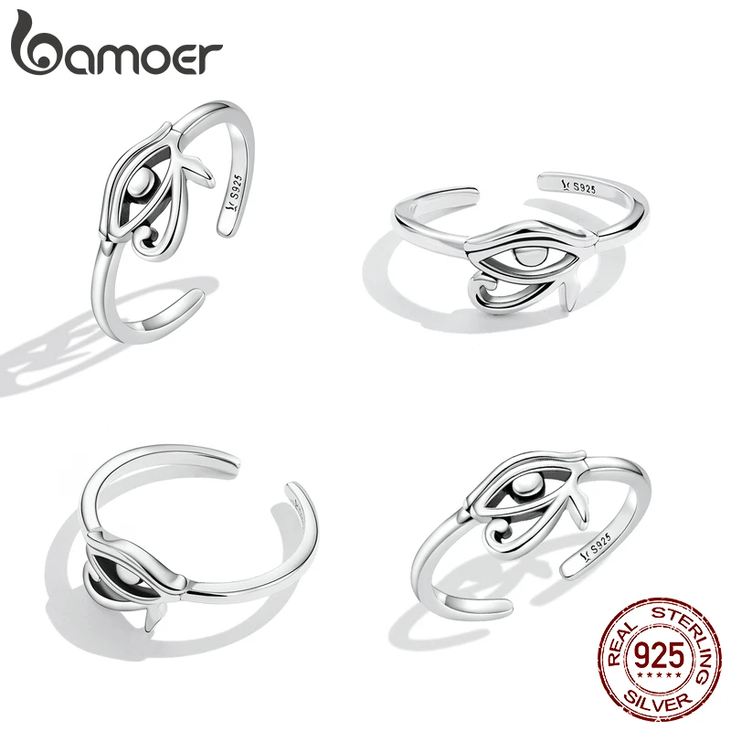 BAMOER 925 Sterling Silver Eye of Horus Egypt Open Ring for Protection Women Personality Cool Band Fashion Jewelry Gift SCR801