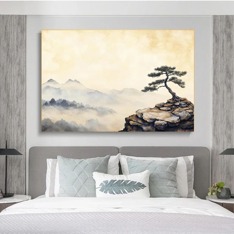 Japandi Bonsai Landscape Canvas Print Misty Mountain Zen Tree Wall Art Minimalist Crane Sumi E Ink Wash Abstract Calm Neutral