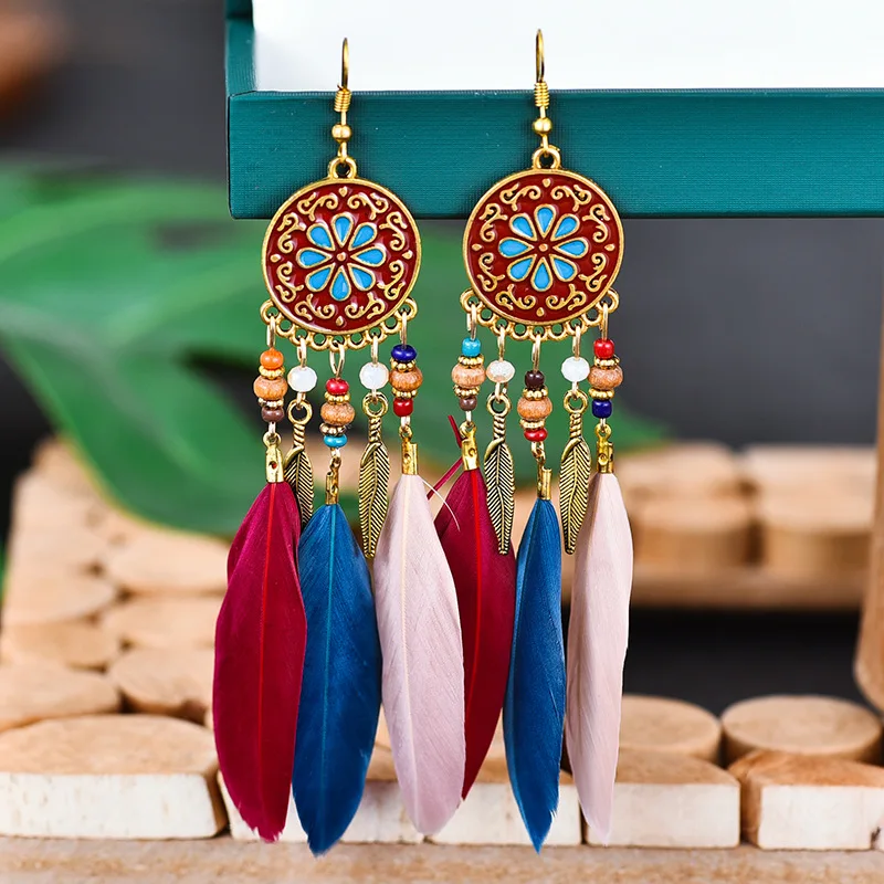 Böhmische lange Feder-Ohrringe für Frauen, klassische ethnische Retro-Temperament-Kette, Blatt-Perlen-Quasten-Ohrringe, Boho-Hochzeitsschmuck – Detail 16