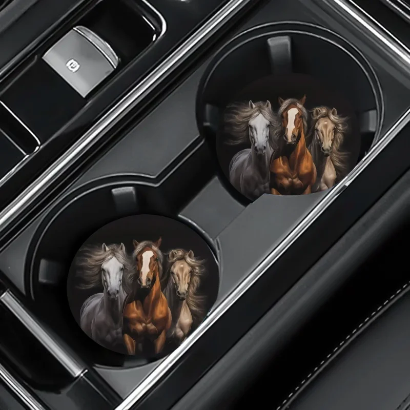2pcs/set Horse Element Car Coasters, 2.75-inch Round Synthetic Synthetic Leather Coasters For Drinks, Soft And Non Slip Car Cup