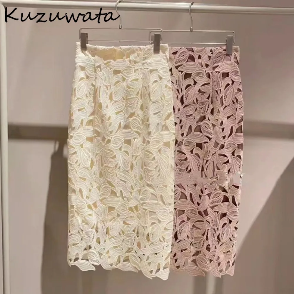 

Kuzuwata Sweet Simple Slim Fit Bodycon Skirt High Waist Lace Elegant Mid-length Falda Japan Hollow Out Early Spring Mujer Faldas