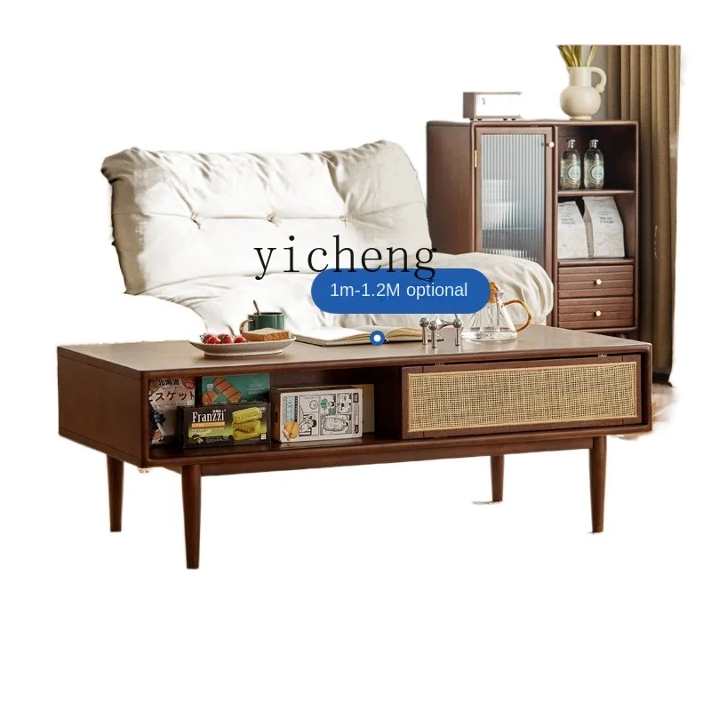 ZC Solid Wood Rattan Tea Table Modern Small Apartment Tea Table Household Coffee Table TV Cabinet Unit