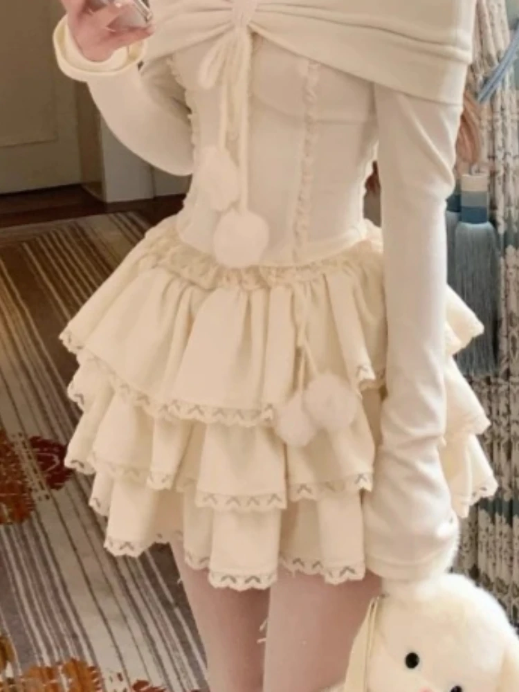 الكورية الحلو أنيقة 2 قطعة مجموعة المرأة خارج الكتف متماسكة أعلى تكدرت المتدرج تنورة الخريف الشتاء لطيف كريم لينة فتاة الزي