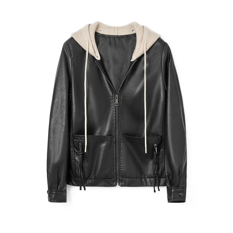 Hat Detachable Zipper Leather Women Basics Solid Jacket Fashion Loose Women Coat Loose Outware Long Sleeved Autumn Winter